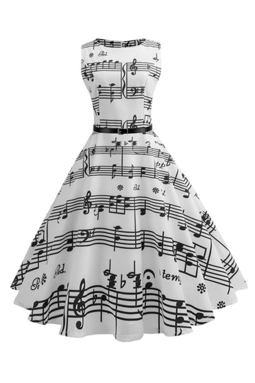 Vit Tryckt Swing 1950-Tals Vintage Klänning